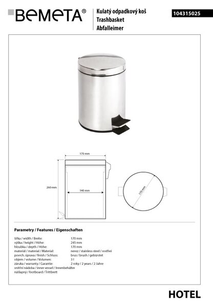 Bemeta Design Odpadkový koš, 3 l, nerez, mat - 104315025