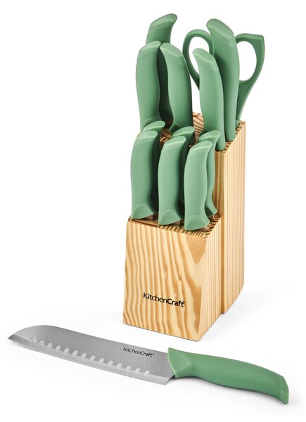 Sada nožů KitchenCraft 14 ks nabízí kompletní vybavení pro vaření i servírování, včetně steakových nožů a praktického dřevěného bloku. KCKNB14GR