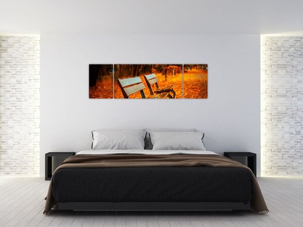 Obraz lavičky v podzimu (170x50 cm)