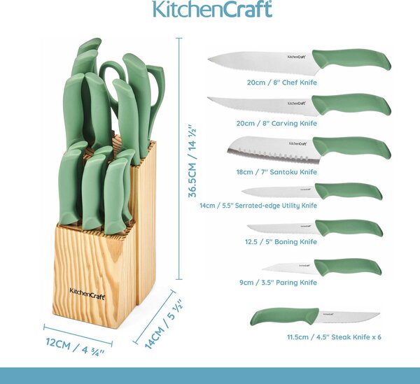 Sada nožů KitchenCraft 14 ks nabízí kompletní vybavení pro vaření i servírování, včetně steakových nožů a praktického dřevěného bloku. KCKNB14GR