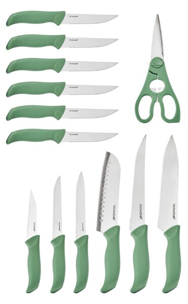 Sada nožů KitchenCraft 14 ks nabízí kompletní vybavení pro vaření i servírování, včetně steakových nožů a praktického dřevěného bloku. KCKNB14GR
