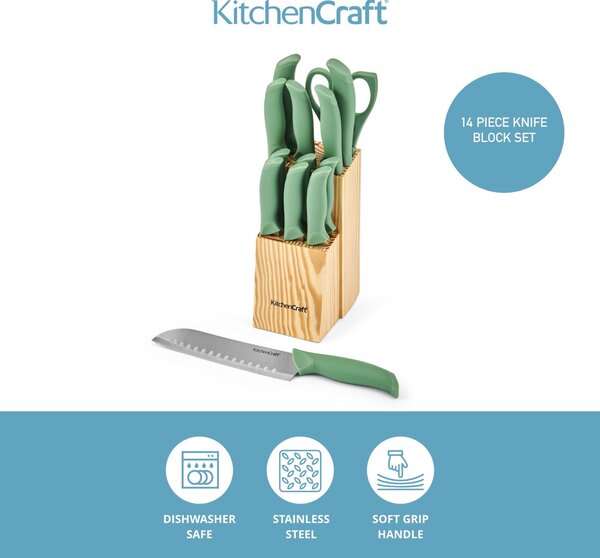 Sada nožů KitchenCraft 14 ks nabízí kompletní vybavení pro vaření i servírování, včetně steakových nožů a praktického dřevěného bloku. KCKNB14GR