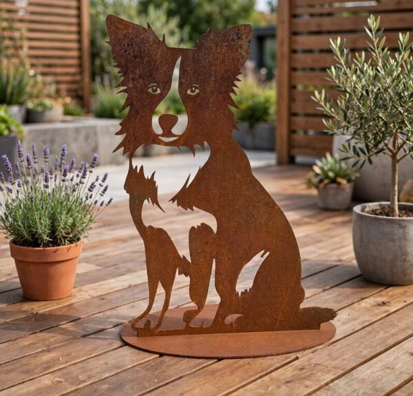 Zahradní kovová dekorace Pes velký na podstavci corten výška 60 cm