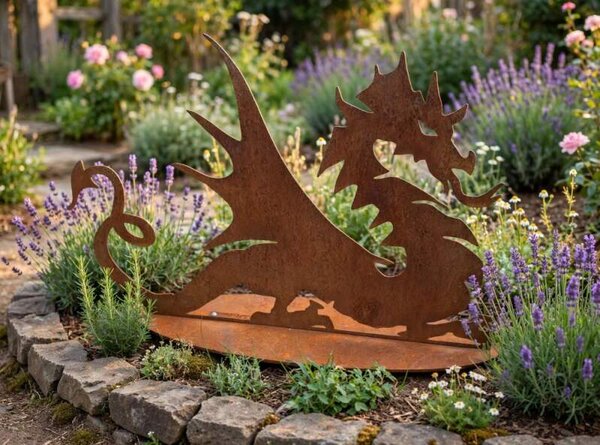 Zahradní kovová dekorace Drak na podstavci corten výška 40 cm