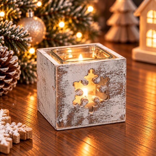 Dřevěný vánoční svícen vločka s patinou 9 x 9 cm 9305104