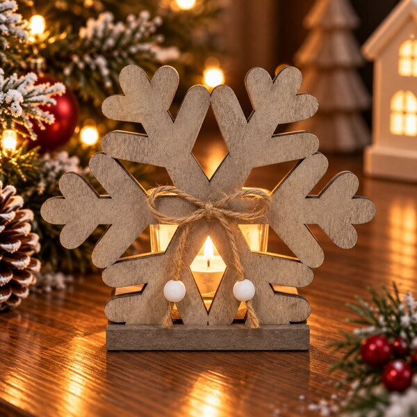 Vánoční dřevěný svícen vločka 12 cm 9305220