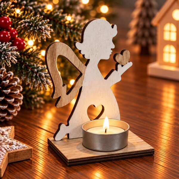 Dřevěný vánoční svícen andílek se srdcem bílý 11,5cm 9305229