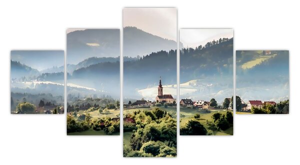 Obraz - vesnička v mlze (125x70 cm)