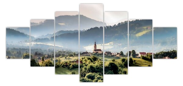 Obraz - vesnička v mlze (210x100 cm)