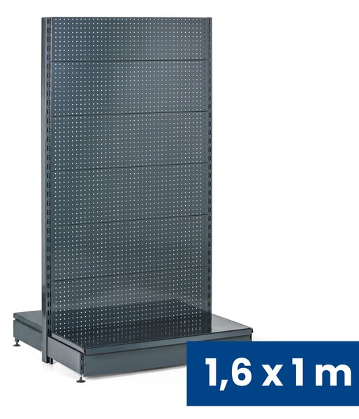 Prodejní regál oboustranný, perfo stěny, 1600 x 1000 x 900 mm, základní, antracit