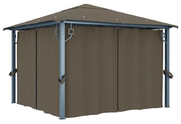 Altán se závěsy a světelnými LED řetězy 3 x 3 m taupe hliník