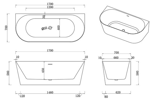 Erga Norah Slim, volně stojící vana ke stěně 170x70 cm + odtoková zátka, bílá lesklá, ERG-NORAH-SLIM-170070-WH-WH