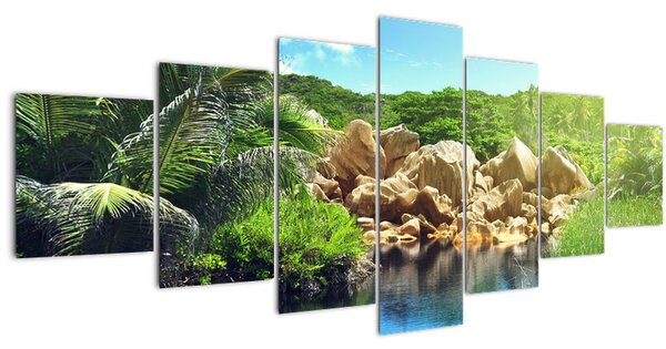 Obraz jezera v Seychelské džungli (210x100 cm)