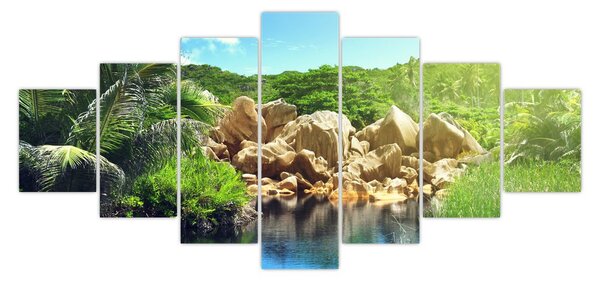 Obraz jezera v Seychelské džungli (210x100 cm)