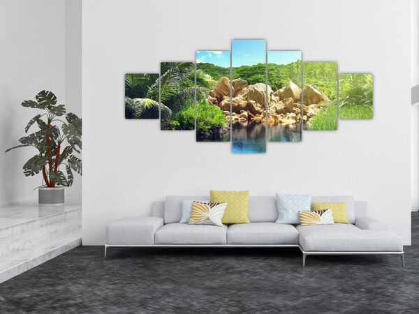 Obraz jezera v Seychelské džungli (210x100 cm)
