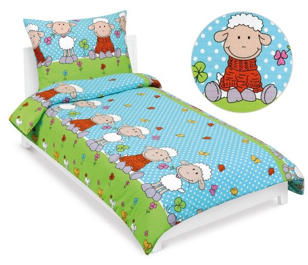 Krepové povlečení dětské Junior Modrá,Zelená,Bílá 80/050