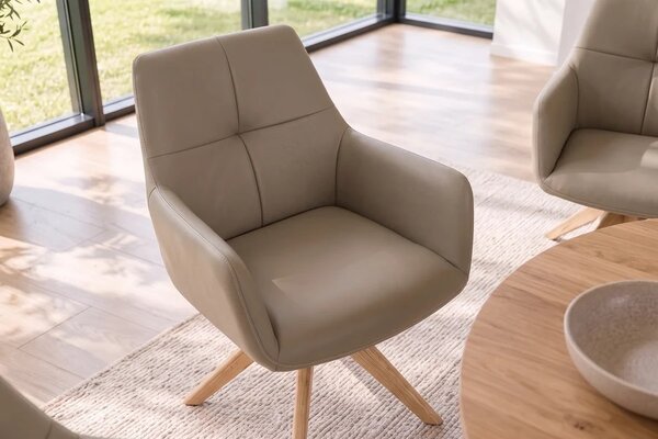 Designová otočná židle Devassy taupe kůže / dub