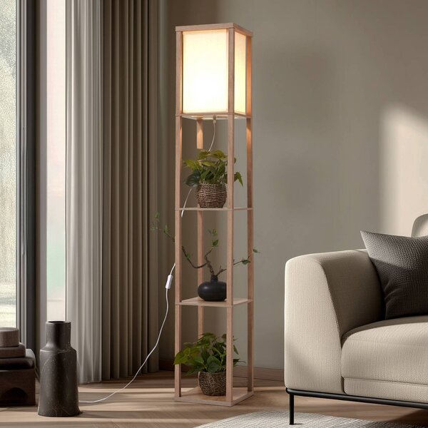 Lindby stojací lampa Birta, barva dřeva/bílá, police, dřevo, Světlé dřevo, Obývací pokoj / jídelna, Dřevo, Moderní