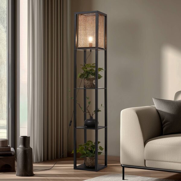 Lindby stojací lampa Birta, černá/přírodní, police, ratan, Černá, Obývací pokoj / jídelna, Dřevo, Moderní