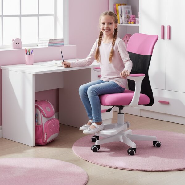 Dětská židle Neoseat MONKEY WHITE s podnoží — látka, bílá / tmavě růžová