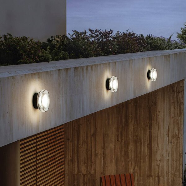 MARSET LED venkovní nástěnné svítidlo Roc, Ø 17 cm, černá/průsvitná, stmívatelný, Černá, Hliník, Design