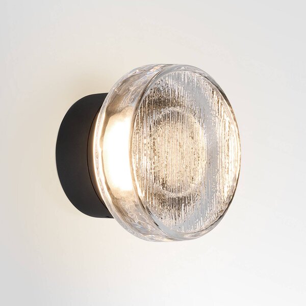 MARSET LED venkovní nástěnné svítidlo Roc, Ø 14 cm, černá/průsvitná, stmívatelný, Černá, Hliník, Design