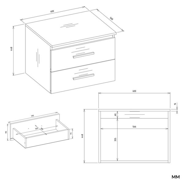 TP Living Závěsná skříňka pod umyvadlo s deskou NEL 2S 60 cm bílá