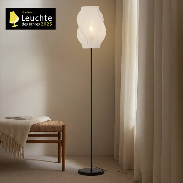 Lucande stojací lampa Tovina, textil, bílá, výška 165 cm, Bílá / opál, Obývací pokoj / jídelna, Textil / tkanina / hedvábí, Skandinávský