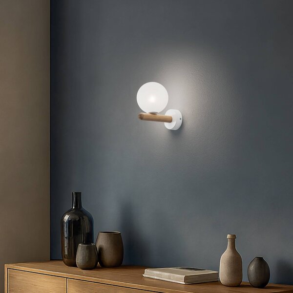 TK Lighting Nástěnné světlo Estera, bílá/barva dřeva, sklo, G9, stmívatelný, Bílá / opál, Obývací pokoj / jídelna, Sklo, Moderní