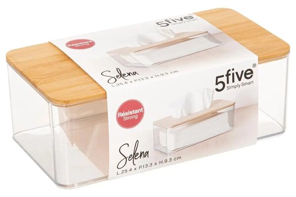 Box na kapesníky Selena, 25,3x9,3x13,3 cm, čirá/s dřevěnými prvky