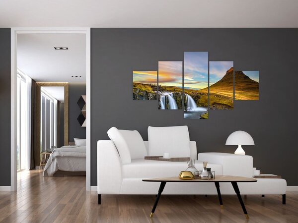 Obraz hory a vodopádů na Islandu (125x70 cm)