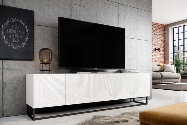 TV stolek Asha 200 cm - bílý mat / černý kovový podstavec
