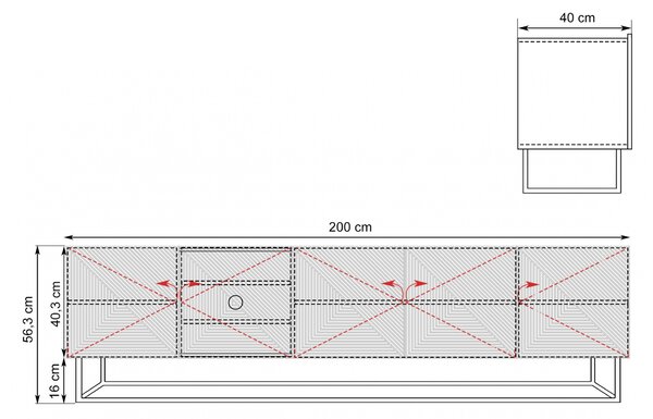 TV stolek Asha 200 cm s rýhovaným čelem a kovovým rámem - dub artisan / rivier stone mat