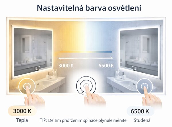 LED zrcadlo TIME 160x65 cm, hodiny, kosmetické zrcátko, nastavitelné osvětlení