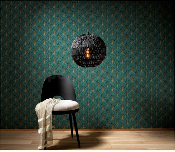 Vliesové tapety na zeď ELLE DECORATION 4 10451-19, rozměr 10,05 m x 0,53 m, art-deco zlaté na zeleném podkladu, Erismann