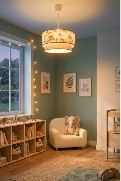 Brilagi-LED Dětský lustr na lanku BOBO 1xE27/60W/230V pr.40cm krém./zel./džungle