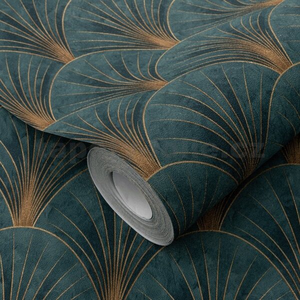 Vliesové tapety na zeď ELLE DECORATION 4 10451-19, rozměr 10,05 m x 0,53 m, art-deco zlaté na zeleném podkladu, Erismann