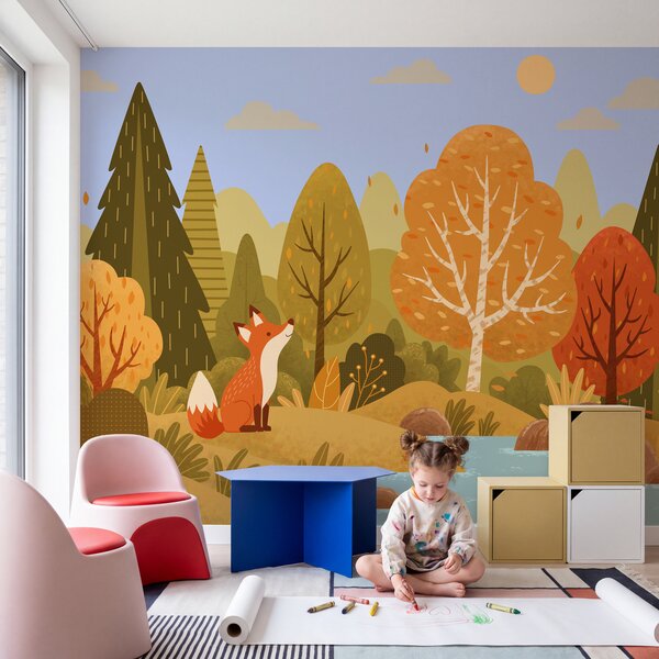 Fototapeta Liška sedící na kopci poblíž řeky, Přírodní fototapety, Populární fototapety - Tapeko.co.cz