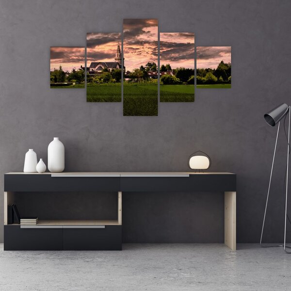 Obraz krajiny s kostelem (125x70 cm)
