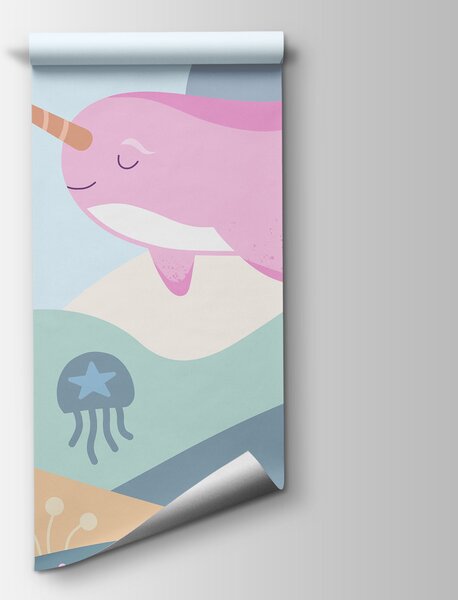 Fototapeta Karikatura narvala plavajícího v moři, Dětské fototapety, Populární fototapety - Tapeko.co.cz