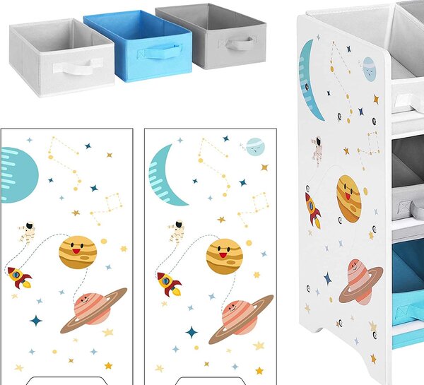 SongmicsHome Regál na hračky VESMÍR, 9 boxů, 62,5x29,5x60cm, bílá s nálepkami