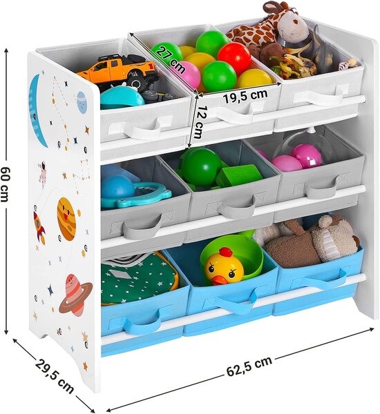 SongmicsHome Regál na hračky VESMÍR, 9 boxů, 62,5x29,5x60cm, bílá s nálepkami