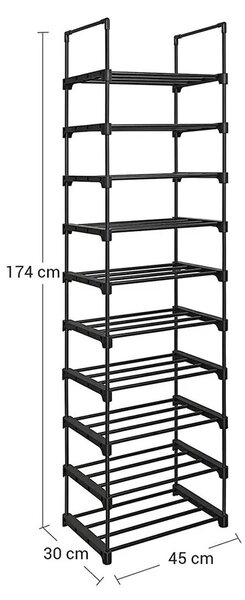 SongmicsHome Stohovatelný regál na boty TUBE, 10 polic, 45x30x174cm, černá