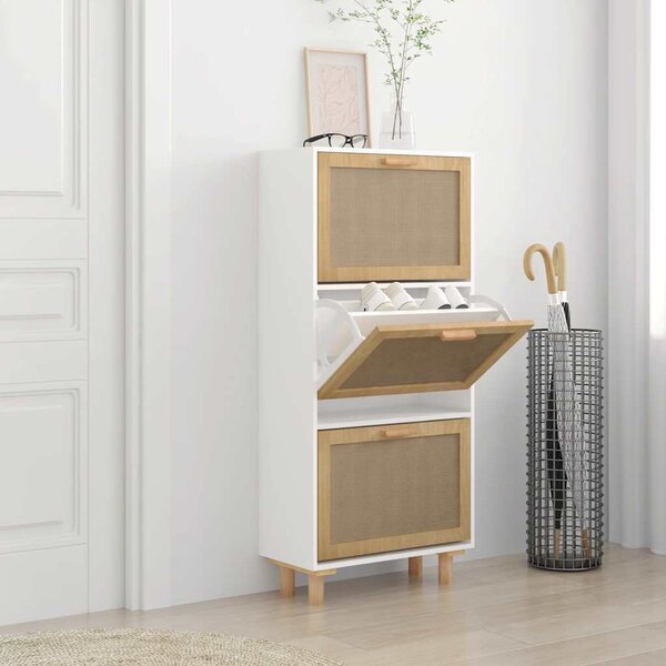 Botník bílý 52 x 25 x 115 cm kompozitní dřevo a přírodní ratan