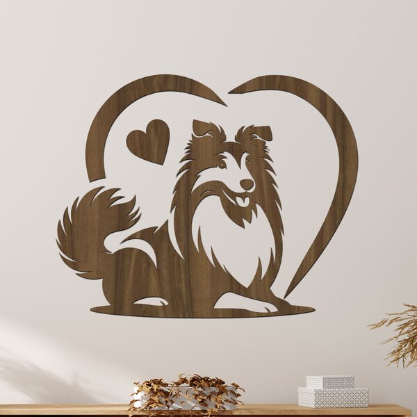 Dřevěný obraz Sheltie v srdci | Rozměry (cm): 40x32 | Zvolte barvu dekoru: Buk