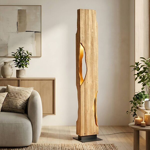 Lucande stojací lampa Tarry, dřevo, výška 137 cm, 4 x E27, Světlé dřevo, Obývací pokoj / jídelna, Dřevo, Venkovský / rustikální