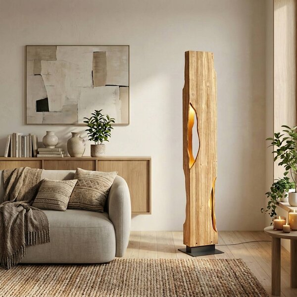 Lucande stojací lampa Tarry, dřevo, výška 137 cm, 4 x E27, Světlé dřevo, Obývací pokoj / jídelna, Dřevo, Venkovský / rustikální