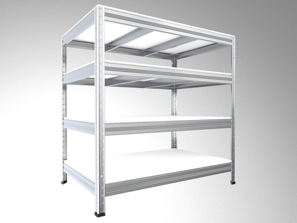 Bezšroubový regál Biedrax 50 x 90 x 120 cm, pozink, 4 police bílé lamino 12mm, nosnost 300 kg na polici