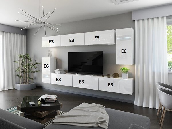 Obývací stěna Marmara (bílá + bílý lesk). Akce -20%