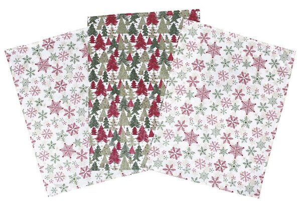 Utěrka TRIO - dárkový set 3 ks stromky, 2 vločky zelenočervená 50 x 70 cm